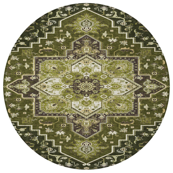 8' Olive Green Ivory And Brown Round Oriental Washable Indoor Outdoor Area Rug
