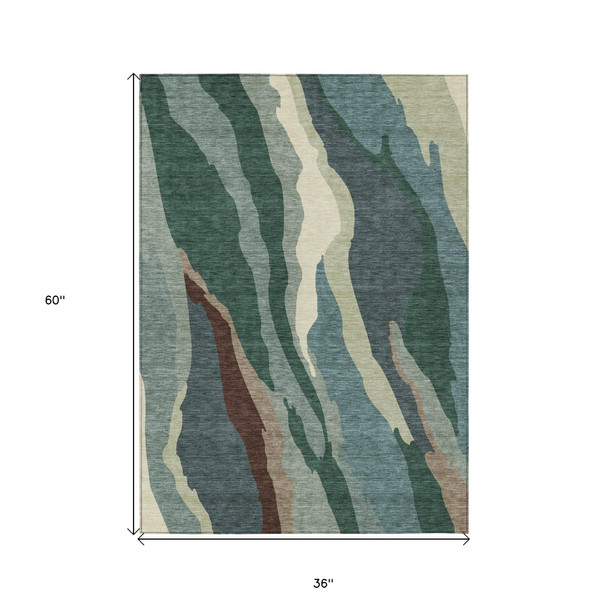 3' X 5' Sage Brown And Beige Abstract Washable Indoor Outdoor Area Rug