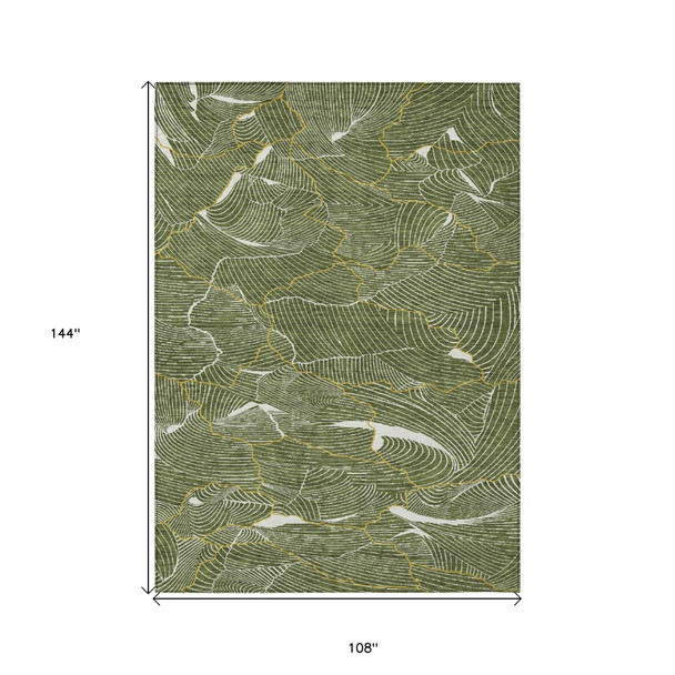 9' X 12' Olive Green Gold And Ivory Abstract Washable Indoor Outdoor Area Rug
