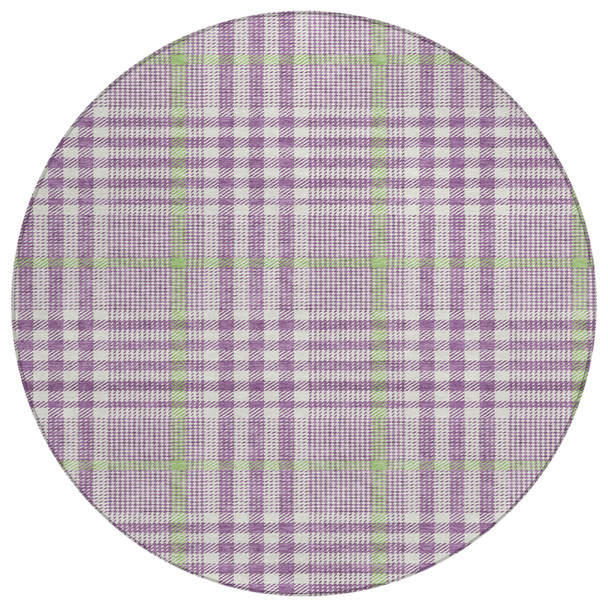 8' Purple Green And Ivory Round Plaid Washable Indoor Outdoor Area Rug
