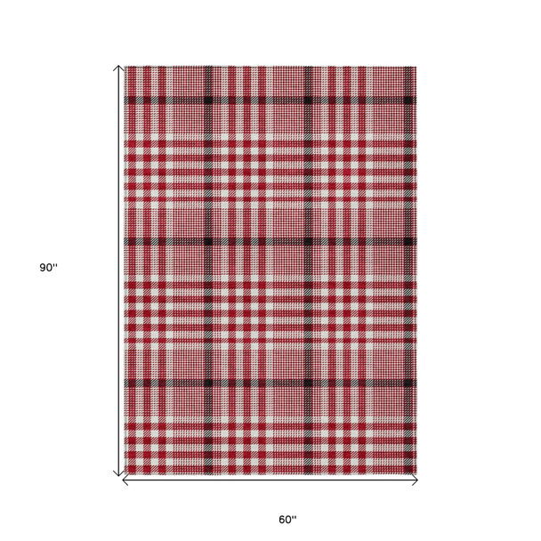 5' X 8' Red Black And Ivory Plaid Washable Indoor Outdoor Area Rug