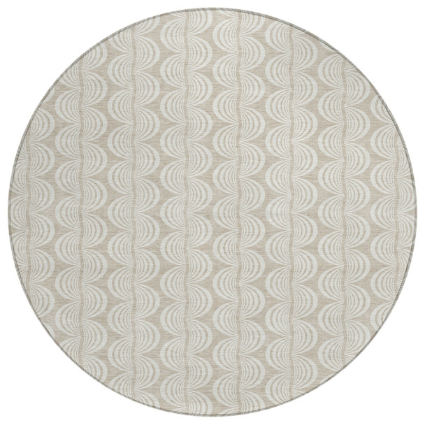 8' Beige And Ivory Round Ogee Washable Indoor Outdoor Area Rug