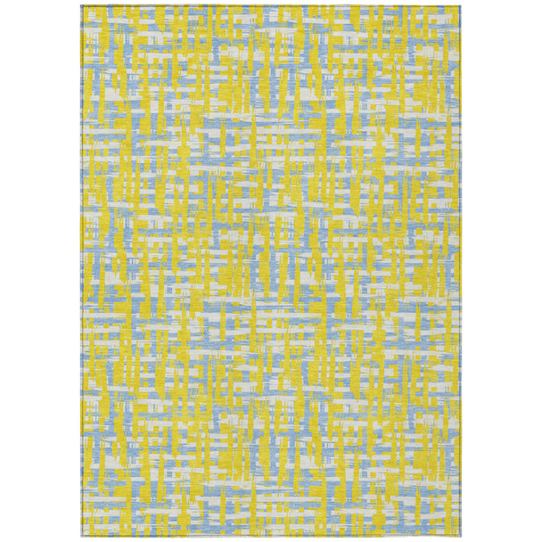 3' X 5' Yellow Denim Blue And Beige Abstract Washable Indoor Outdoor Area Rug