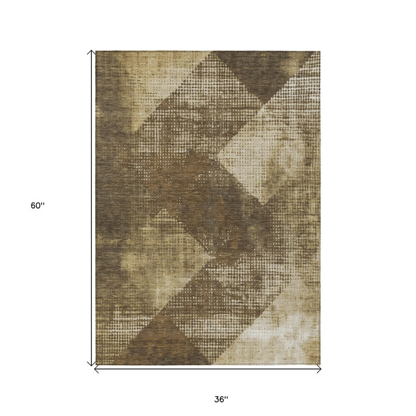3' X 5' Brown And Beige Geometric Washable Indoor Outdoor Area Rug