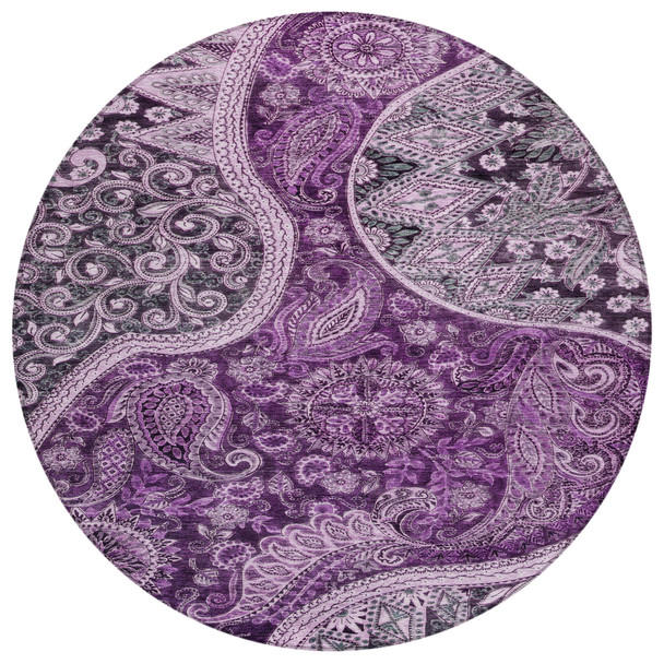 8' Purple And Charcoal Round Floral Medallion Washable Indoor Outdoor Area Rug