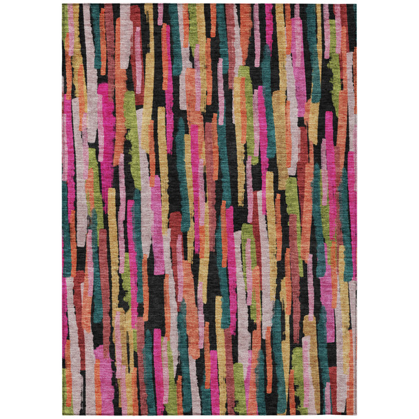 5' X 8' Pink Black And Green Striped Washable Indoor Outdoor Area Rug