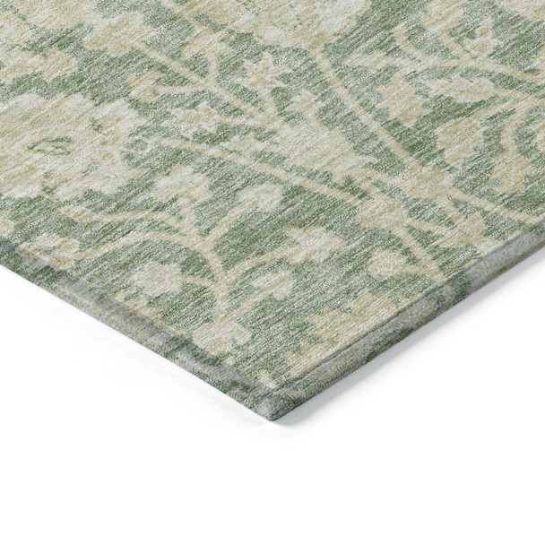 9' X 12' Artichoke Green And Beige Floral Washable Indoor Outdoor Area Rug