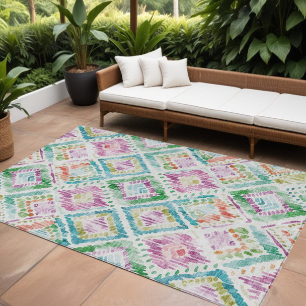 8' X 10' Teal Blue Green And Purple Geometric Washable Indoor Outdoor Area Rug