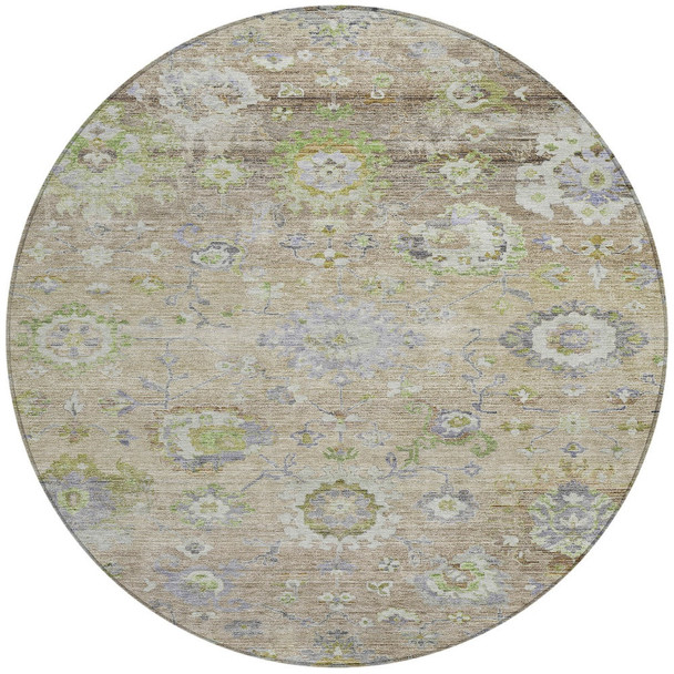 8' Beige Gray And Green Round Floral Washable Indoor Outdoor Area Rug