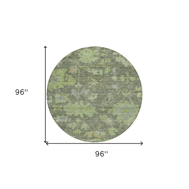 8' Fern Green And Olive Green Round Floral Washable Indoor Outdoor Area Rug