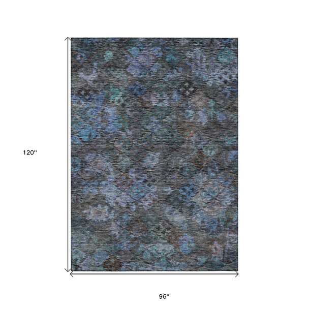 8' X 10' Teal Blue And Charcoal Floral Washable Indoor Outdoor Area Rug
