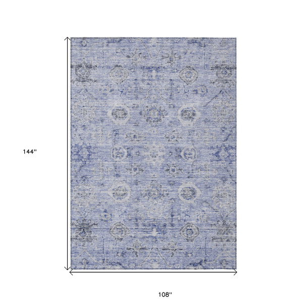 9' X 12' Blue And Gray Damask Washable Indoor Outdoor Area Rug