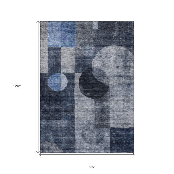 8' X 10' Navy Blue Gray And Charcoal Geometric Washable Indoor Outdoor Area Rug