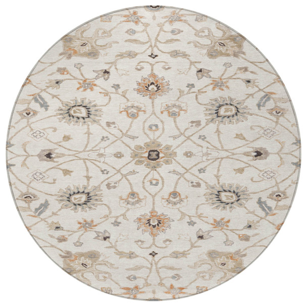 8' Ivory Brown And Coral Round Floral Washable Indoor Outdoor Area Rug