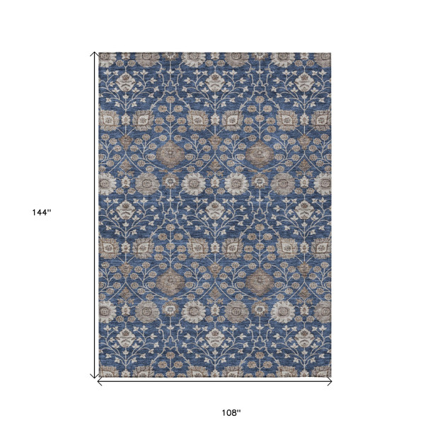 9' X 12' Navy Blue Brown And Beige Floral Washable Indoor Outdoor Area Rug