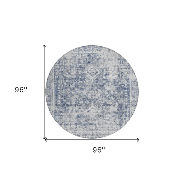 8' Navy Blue Round Oriental Washable Indoor Outdoor Area Rug