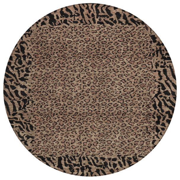 8' Brown Round Animal Print Washable Indoor Outdoor Area Rug