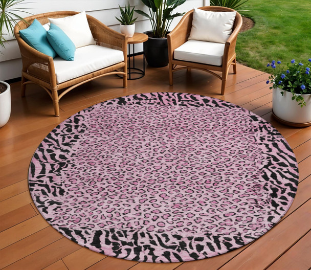 8' Pink Round Animal Print Washable Indoor Outdoor Area Rug
