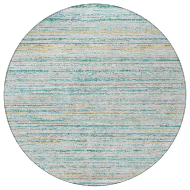 8' Teal Blue Round Striped Washable Indoor Outdoor Area Rug