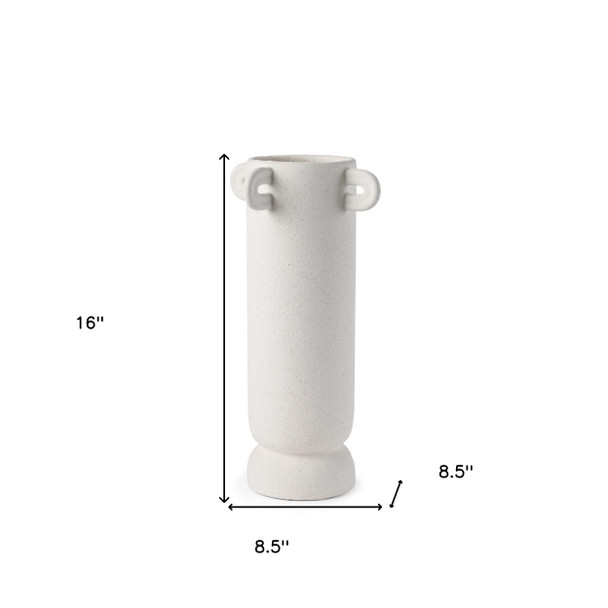 16" Off White Cylinder Ceramic Table Vase With Handles