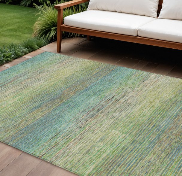 9' X 12' Artichoke Green Striped Washable Indoor Outdoor Area Rug