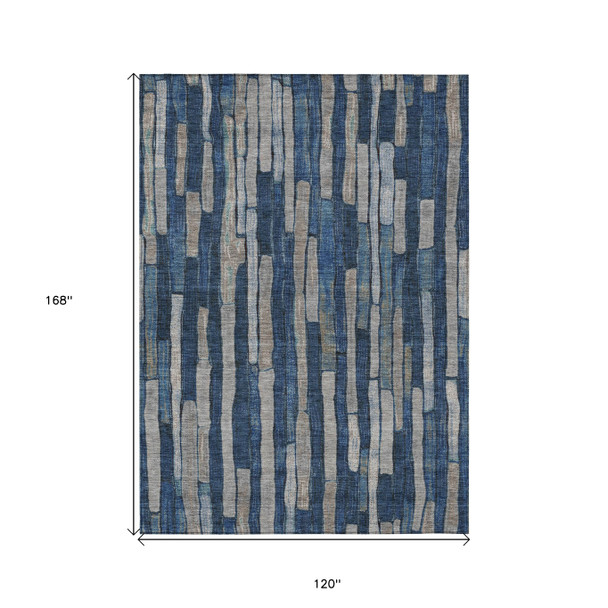 10' X 14' Navy Blue And Denim Blue Striped Washable Indoor Outdoor Area Rug