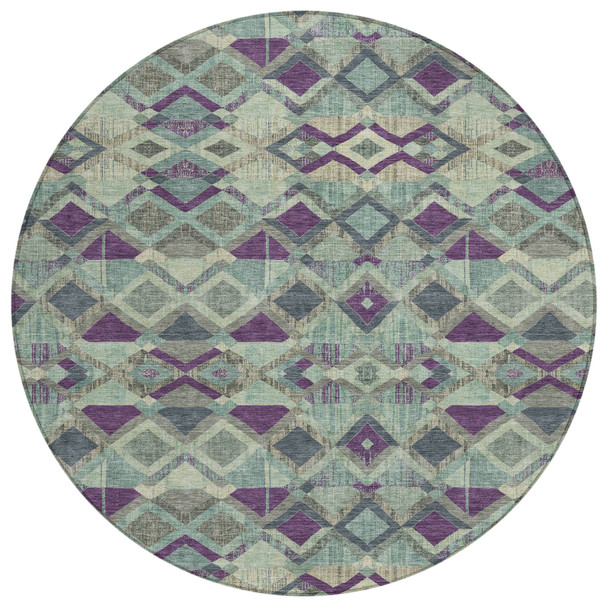 8' Blue And Purple Round Geometric Washable Indoor Outdoor Area Rug
