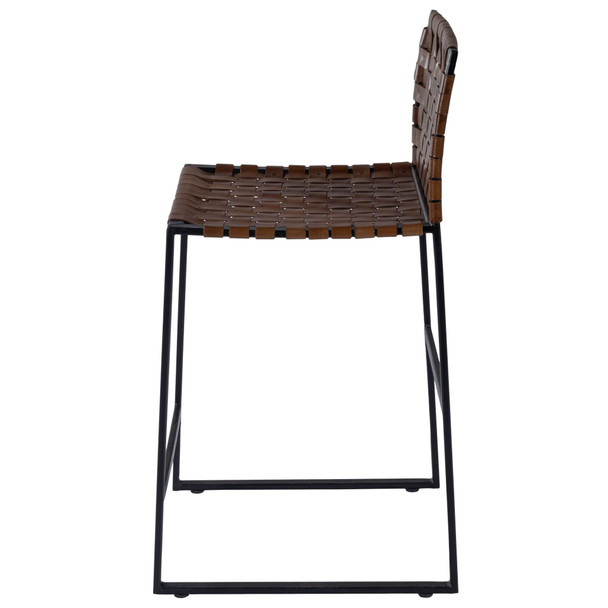36" Brown and Black Leather and Iron Bar Chair