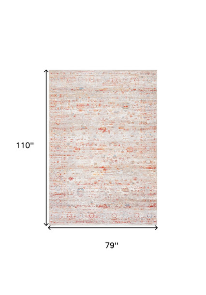7' X 9' Gray White And Orange Tribal Washable Area Rug With UV Protection