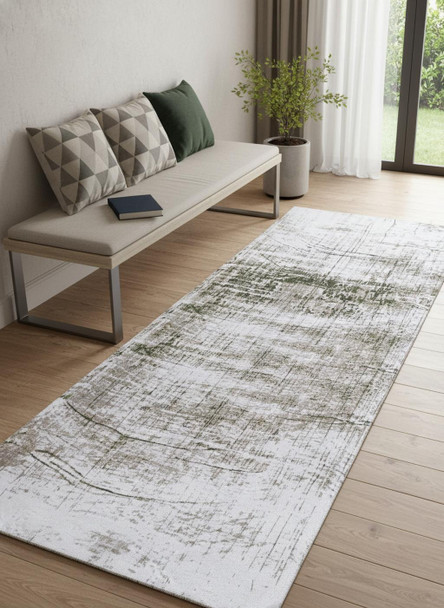 2' X 5' White Gray And Green Abstract Washable Area Rug With UV Protection