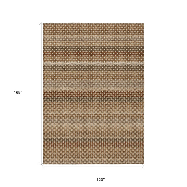 10' X 14' Orange And Copper Striped Washable Indoor Outdoor Area Rug