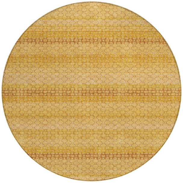 8' Wheat And Gold Round Striped Washable Indoor Outdoor Area Rug