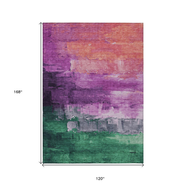 10' X 14' Purple Salmon And Green Abstract Washable Indoor Outdoor Area Rug