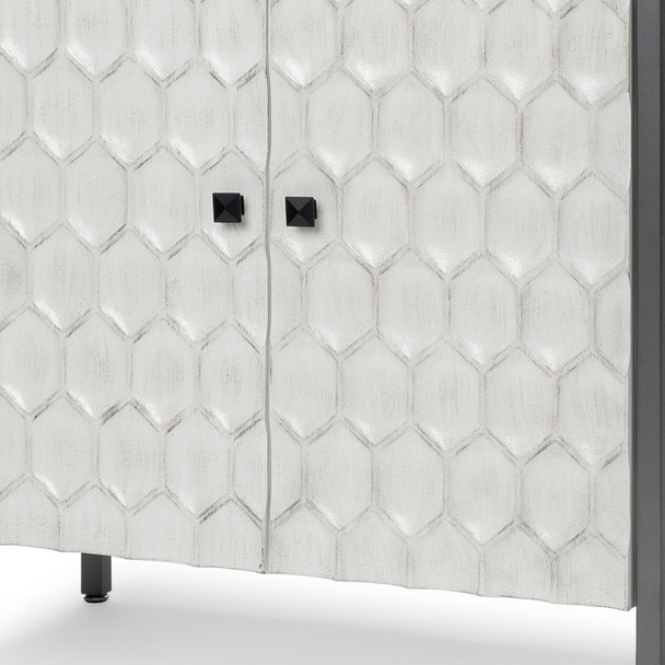 32" White and Gray Wood and Metal Carved Geometric Accent Cabinet With Two Doors