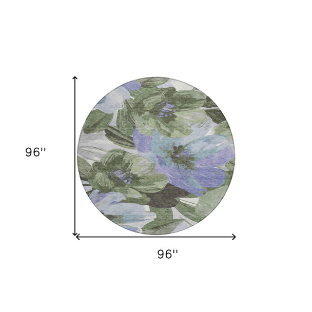8' Olive Green And Fern Green Round Floral Washable Indoor Outdoor Area Rug