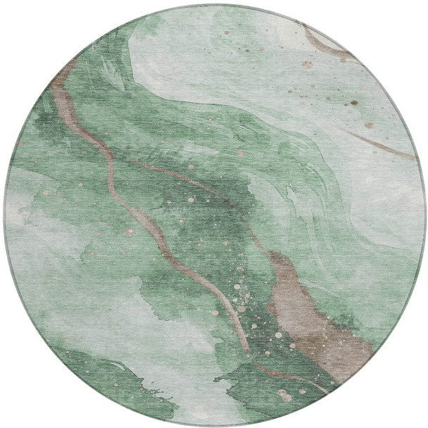 8' Green And Taupe Round Abstract Washable Indoor Outdoor Area Rug