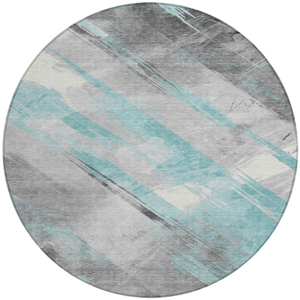 8' Teal Blue And Gray Round Striped Washable Indoor Outdoor Area Rug
