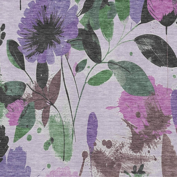 9' X 12' Lavender And Artichoke Green Floral Washable Indoor Outdoor Area Rug