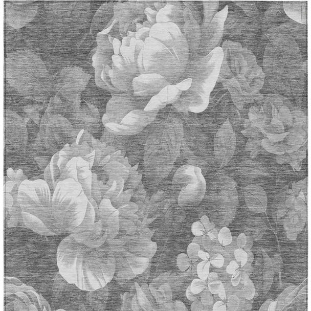 5' X 8' Gray And Charcoal Floral Washable Indoor Outdoor Area Rug