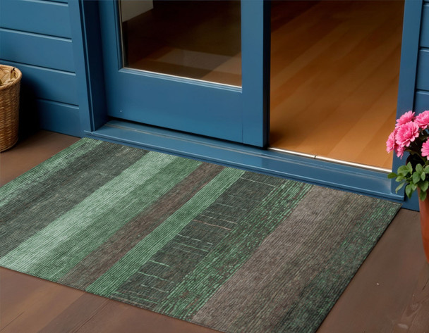 3' X 5' Green And Khaki Striped Washable Indoor Outdoor Area Rug