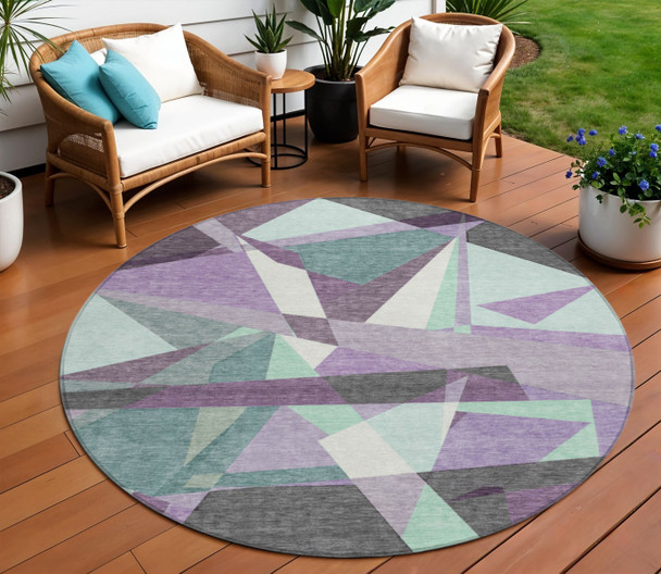 8' Purple Teal Blue And Gray Round Geometric Washable Indoor Outdoor Area Rug