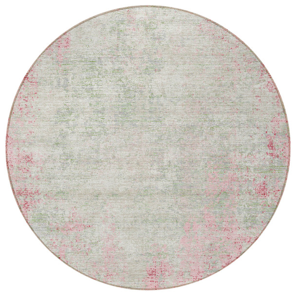 8' Pink And Ivory Round Abstract Washable Indoor Outdoor Area Rug