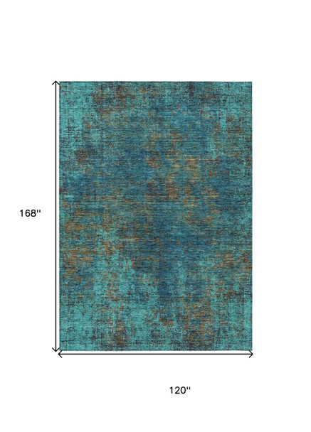 10' X 14' Teal Blue Navy Blue And Brown Abstract Washable Indoor Outdoor Area Rug