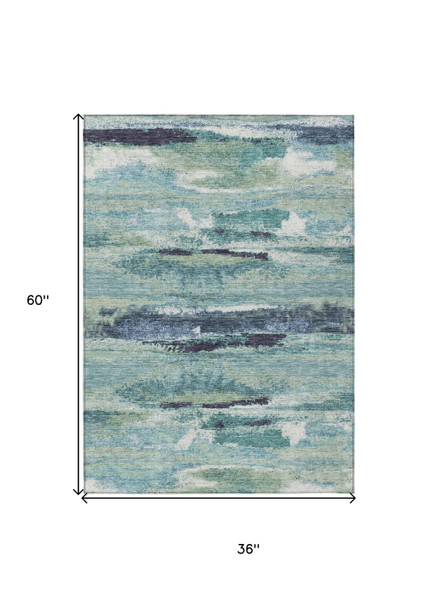 3' X 5' Sage Teal Blue And Navy Blue Abstract Washable Indoor Outdoor Area Rug