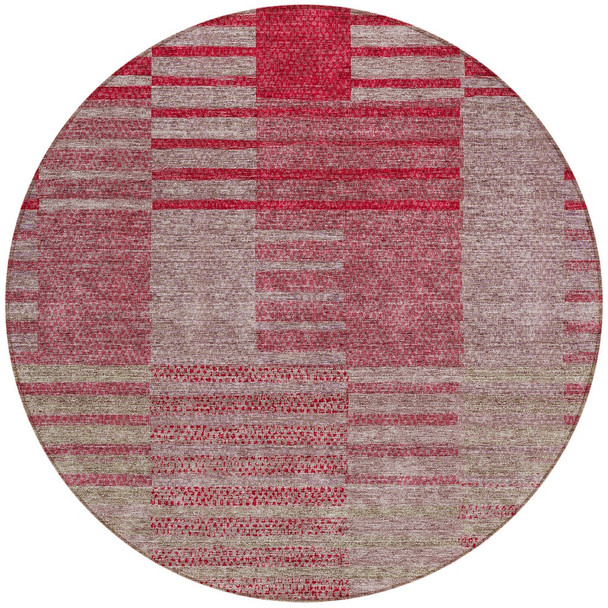 8' Burgundy Pink And Blush Round Striped Washable Indoor Outdoor Area Rug