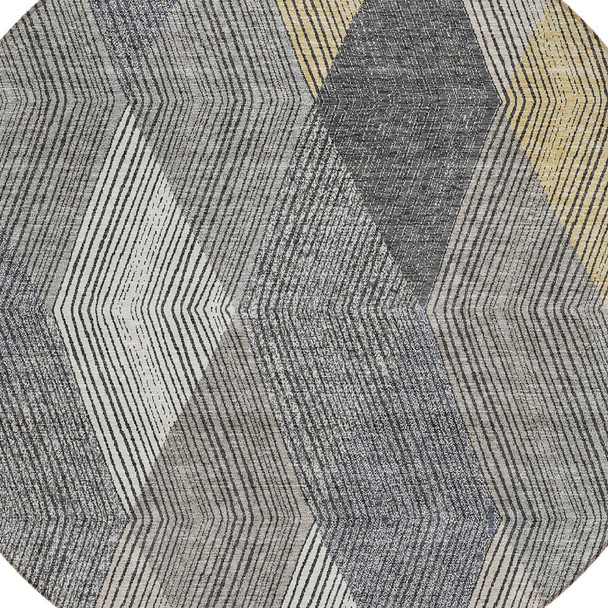 8' Pewter Gray And Gold Round Argyle Washable Indoor Outdoor Area Rug