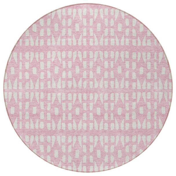 8' Pink And Ivory Round Geometric Washable Indoor Outdoor Area Rug