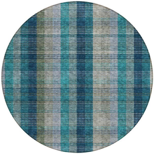 8' Teal Blue Navy Blue And Olive Green Round Plaid Washable Indoor Outdoor Area Rug