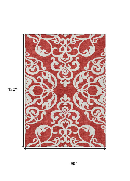 8' X 10' Red And Ivory Damask Washable Indoor Outdoor Area Rug