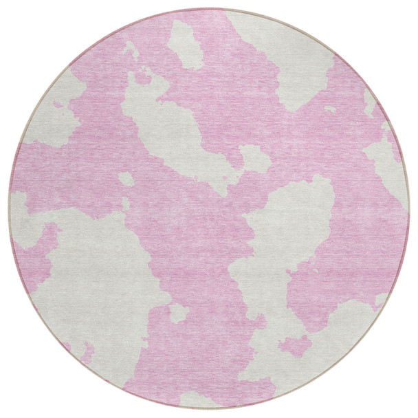 8' Pink And Ivory Round Abstract Washable Indoor Outdoor Area Rug